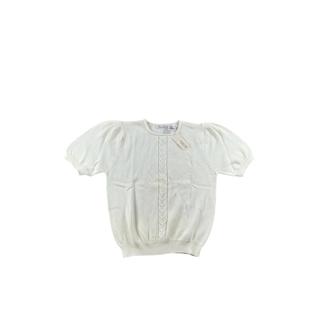 Talbots Womens Small Cream White Cotton Short Sleeve Cable Knit Puff Top NWT